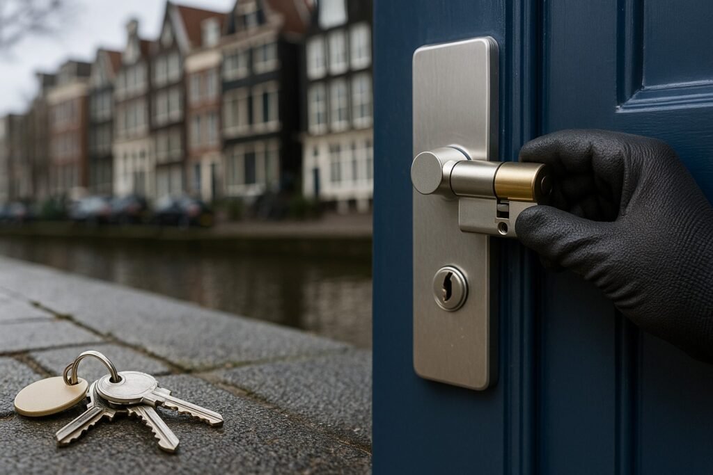 Verloren sleutelbos op Amsterdams straatsteen naast een locksmith die een cilinder vervangt in een blauwe voordeur
