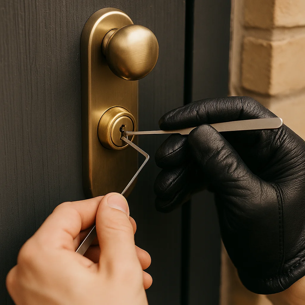 Close-up van een slotenmaker die een messing deurslot opent met lockpicking gereedschap.