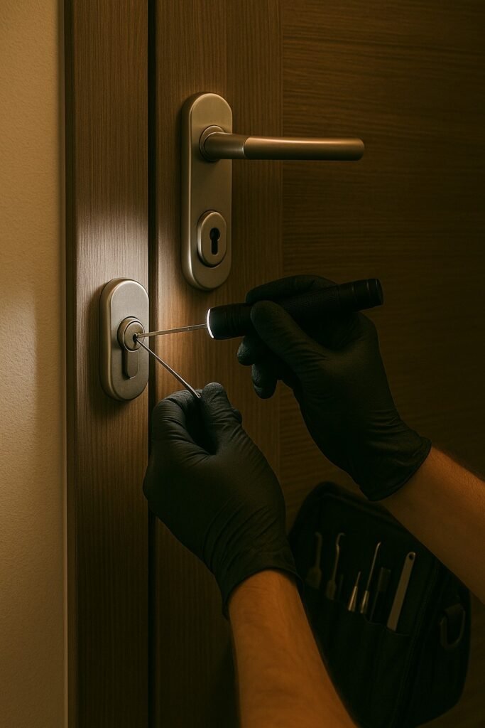 Slotenmaker opent cilinderslot schadevrij met lockpick en zaklamp; professionele tooltas zichtbaar.